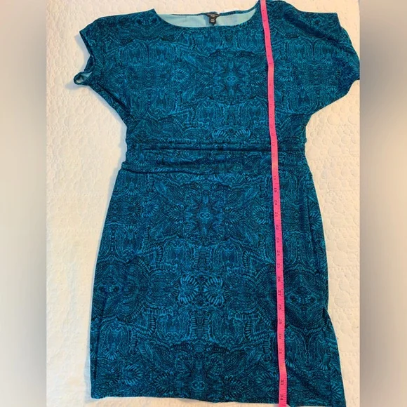 Ann Taylor Womens Ruched Waist Dress Turquoise and Navy Short Sleeves, size MP - Picture 8 of 9